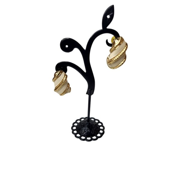 Vintage 80s-90s Signed Robert Manse Gold-tone White Enamel Twisted Rope Earrings - Picture 9 of 14